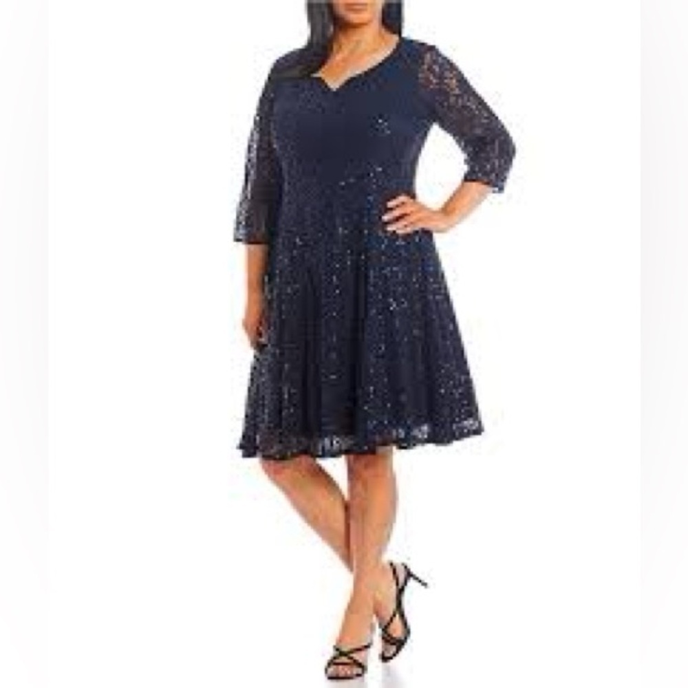 SLNY Plus Size 3/4 Sleeve V-Neck Sequin Lace A-Line Dress
